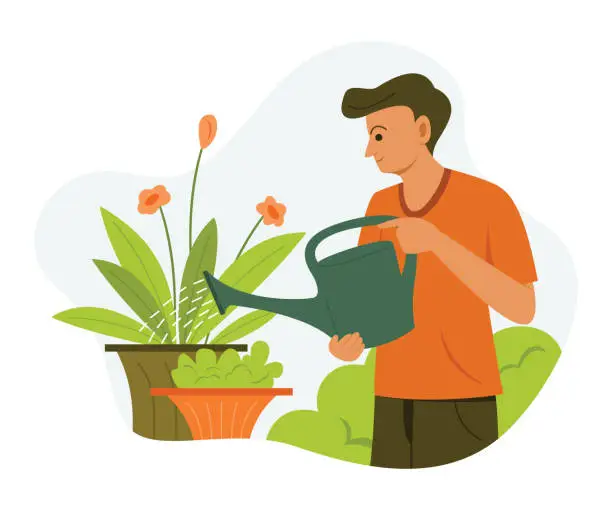 Vector illustration of Man is Watering the Plants in the Garden.