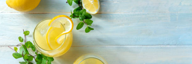 istock Lemonade panorama with copy space. Homemade fresh lemon beverage 1325850411
