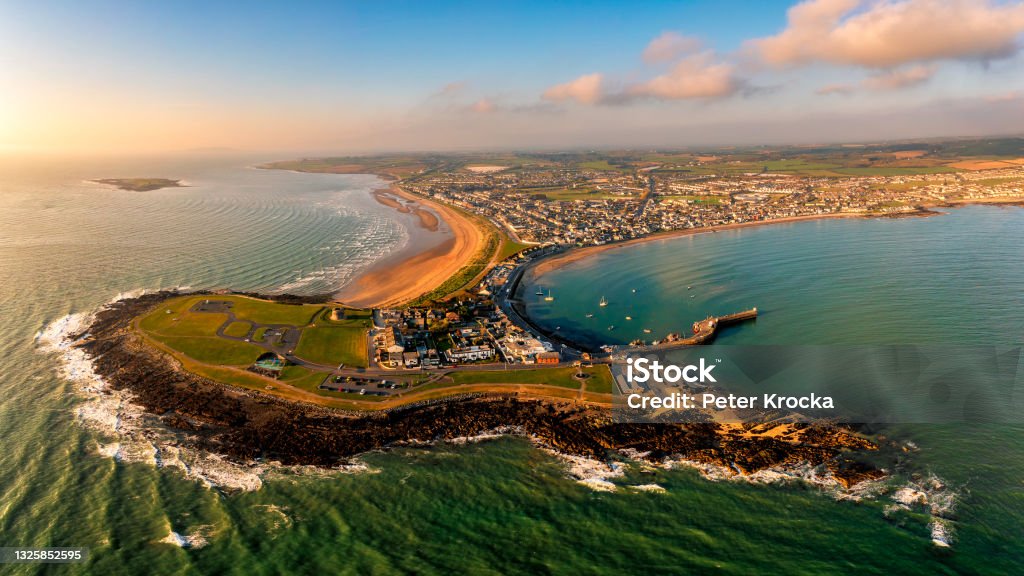 Aerial view Skerries Ireland Aerial view Skerries is a coastal town in Fingal, Ireland. Historically Skerries was a fishing port and later a centre of hand embroidery. Dublin Ireland St. Patrick's colt shenick islands Dublin - Republic of Ireland Stock Photo