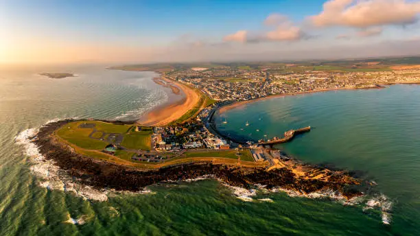 Aerial view Skerries is a coastal town in Fingal, Ireland. Historically Skerries was a fishing port and later a centre of hand embroidery. Dublin Ireland St. Patrick's colt shenick islands