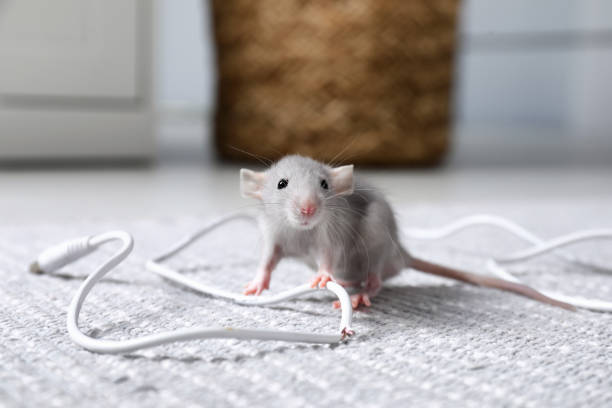 Rat with chewed electric wire on floor indoors. Pest control Rat with chewed electric wire on floor indoors. Pest control chewed stock pictures, royalty-free photos & images