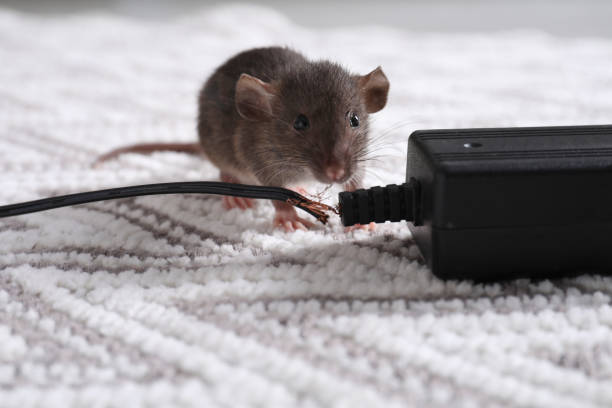 istock Rat with chewed electric wire on floor indoors. Pest control 1325853124