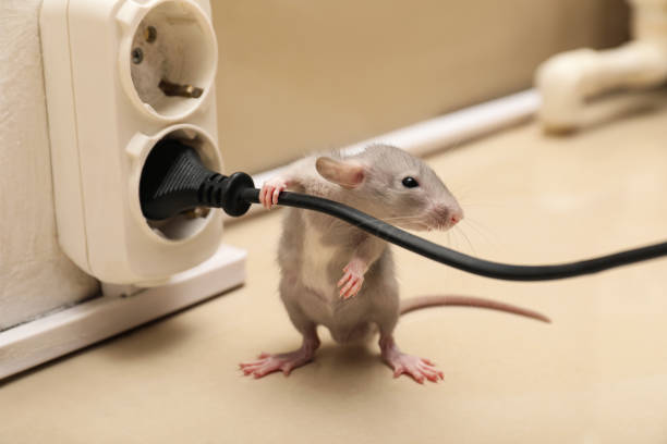 istock Small grey rat with electric wire near socket on floor 1325853888