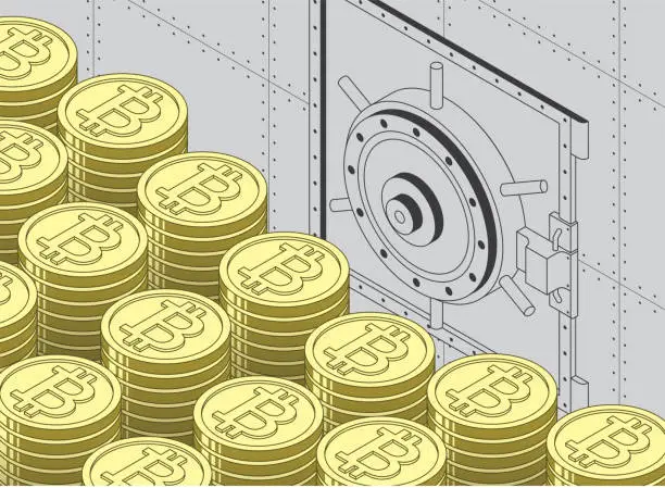 Vector illustration of Bank Vault with Bitcoin Cryptocurrency Savings Digital Currency Investment