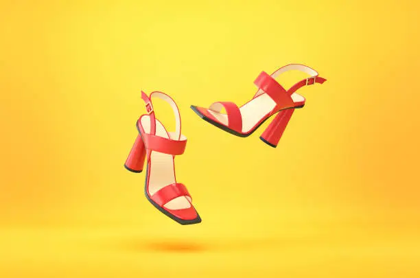Women's summer red high heels shoes isolated on yellow background. 3D rendering with clipping path