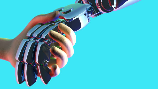 istock Close up robot hand holding human 's hand , helping concept, 3d rendering. 1325859054