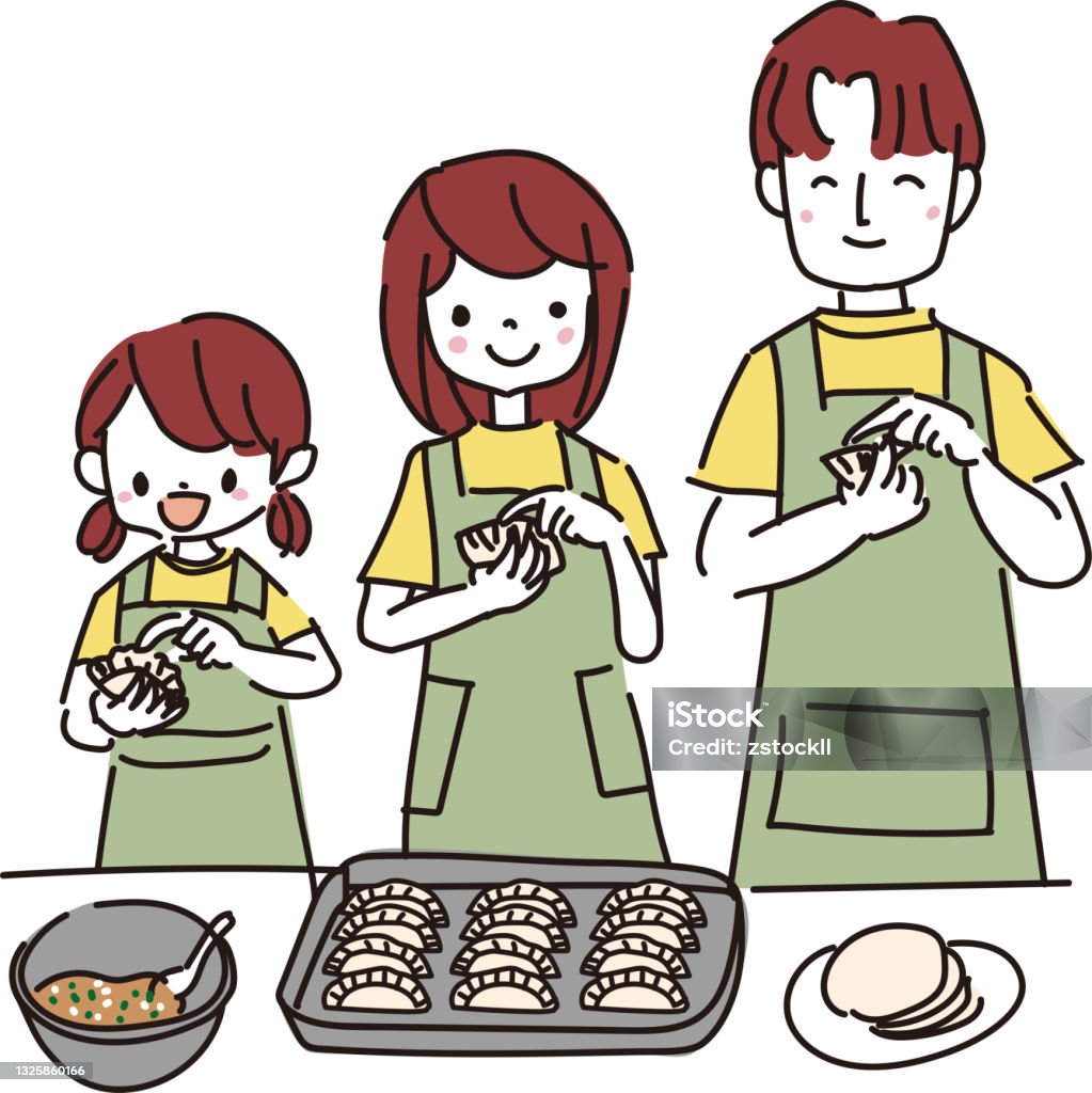 Illustration Of A Family Making Dumplings Stock Illustration - Download  Image Now - Jiaozi, Wrapping, Making - iStock