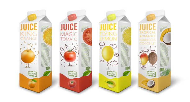 Realistic Detailed 3d Juice Pack Set. Vector Realistic Detailed 3d Juice Pack Set Include of Orange, Lemon, Mango and Tomato . Vector illustration of Carton Package Box juice carton stock illustrations