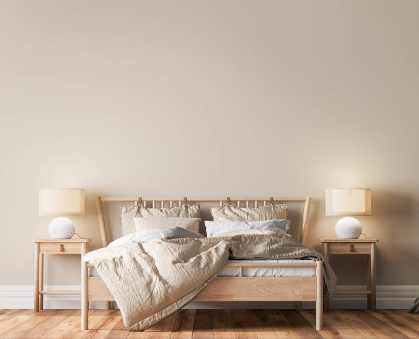 istock Bright beige wooden bedroom design, comfortable bed in minimal modern style 1325863568