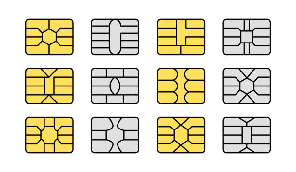 EMV chip. Credit and debit card elements. Vector flat icon set. Smart card golden and silver microchips for terminals and atm. Contactless nfc secure payment technology. Isolated objects EMV chip. Credit and debit card elements. Vector flat colorful icon set. Smart card golden and silver microchips for terminals and atm. Contactless nfc secure payment technology. Isolated objects on white background computer chip stock illustrations