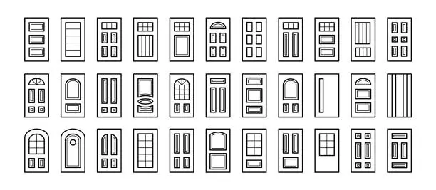 Vector illustration of Entry wooden panel and glass doors. Interior and exterior architecture elements. Front and back doors. Line icon collection