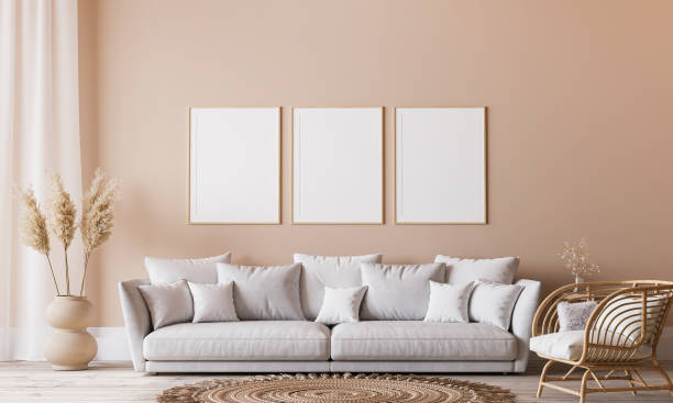 istock Bright Scandinavian living room design, frame mockup in minimal interior background 1325864556