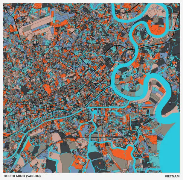 Vector illustration of color art illustration style map,Ho Chi Minh city(Saigon),Vietnam.map data Made with Natural Earth.