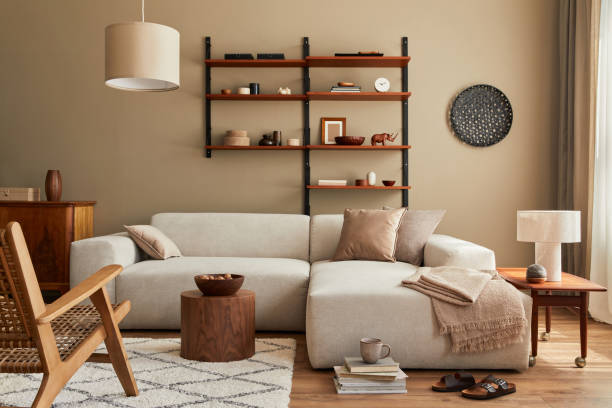 modern interior of living room with design modular beige sofa and accessories. template. - dekor stok fotoğraflar ve resimler