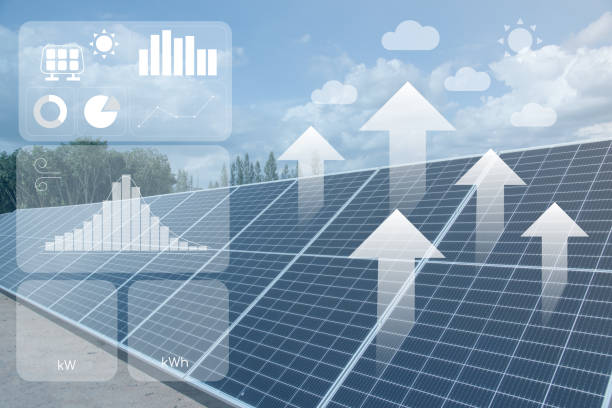 ilustrações de stock, clip art, desenhos animados e ícones de overelay graphic of information dahsboard template which shown solar panels power generation from sunlight. renewable energy from nature information with future global energy consumption. - polycrystalline