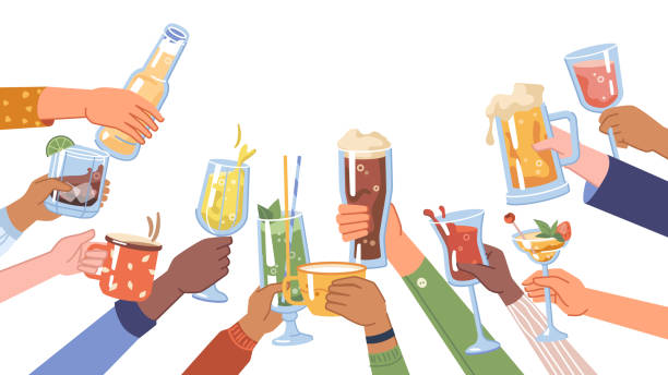 stockillustraties, clipart, cartoons en iconen met celebration and festivity, isolated hands holding beverages and drinks in cups and glasses. alcohol and coffee, tea in mug. cheers poster or banner with copy space for text. flat cartoon vector - dranken illustraties