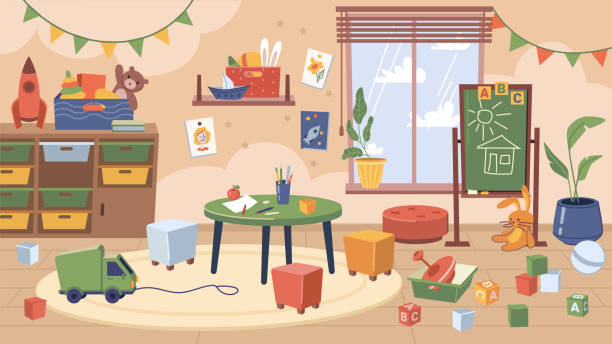 furniture and toys in kindergarten classroom, interior design of contemporary room for kids. chalkboard with drawings, car trucks and dolls, cabinets and rugs for playing. vector cartoon style - 課室 幅插畫檔、美工圖案、卡通及圖標