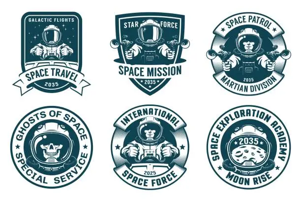 Vector illustration of Astronaut badge set in vintage style.