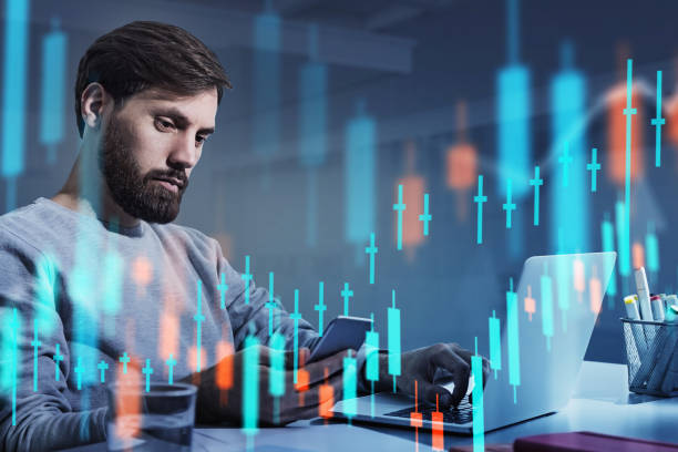 istock Beard handsome businessman with smartphone. Stock market changes 1325873352