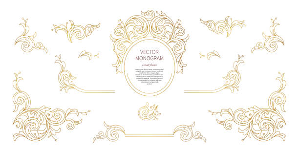 Vector floral gold decoration, frame, vignettes. Arabic and Eastern motifs. Ornamental illustration. Floral gold decoration, frame, vignettes. Arabic and Eastern motifs. Ornamental illustration, flower garland. Isolated line art ornaments. Golden ornament with leaves, curls for invitations, cards. arabesque stock illustrations
