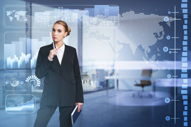 istock Businesswoman thinking with notebook and pen in hands, graph changes and bar chart 1325873604