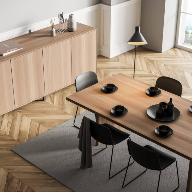 istock Light dining room interior with minimalist furniture and window, top view 1325873673