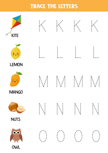 illustrazioni stock, clip art, cartoni animati e icone di tendenza di tracce di lettere di alfabeto inglese. pratica di scrittura. - alphabet letter n food fruit