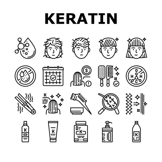 Keratin Hair Procedure Collection Icons Set Vector Keratin Hair Procedure Collection Icons Set Vector. Keratin Cosmetic And Cream, Shampoo And Oil, Comb And Straightener Beauty Salon Service Black Contour Illustrations chemical straightener stock illustrations