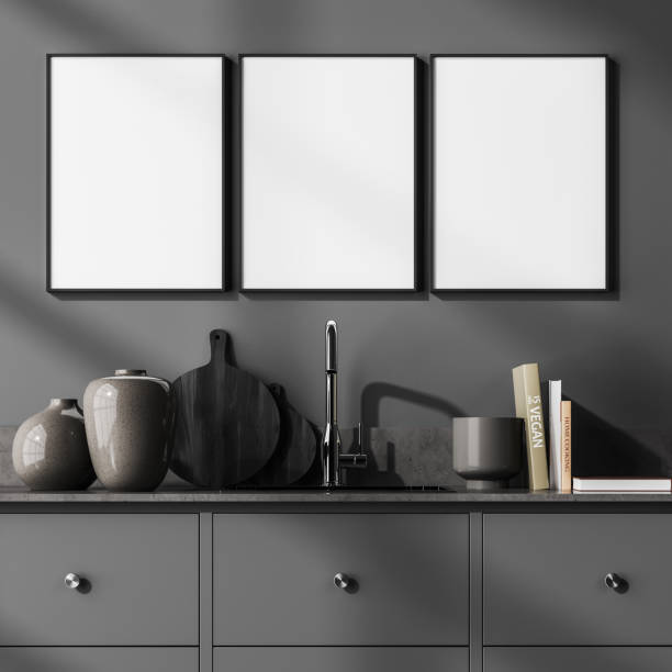istock Grey kitchen interior with kitchen set and decoration, poster mock up 1325875214