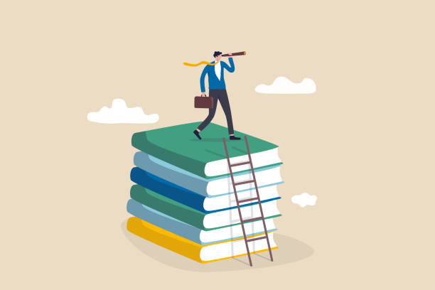 Business skills for career opportunity, knowledge or education for future job, challenge and personal improvement, reading list concept, businessman climb up ladder on books stack for good vision. Business skills for career opportunity, knowledge or education for future job, challenge and personal improvement, reading list concept, businessman climb up ladder on books stack for good vision. wisdom illustrations stock illustrations
