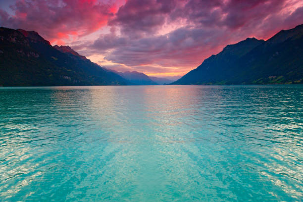 Sunset at Lake Brienz in the Alps, Switzerland Beautiful sunset on the lake in the Alps, Switzerland grindelwald photos stock pictures, royalty-free photos & images