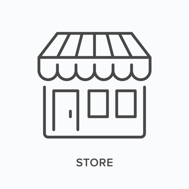 illustrations, cliparts, dessins animés et icônes de icône de ligne plate du magasin. illustration vectorielle d’une petite boutique avec auvent. pictogramme linéaire mince noir pour les petites entreprises de vente au détail - store extérieur