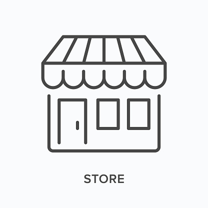 Store flat line icon. Vector outline illustration of little shop with awning. Black thin linear pictogram for small retail business.