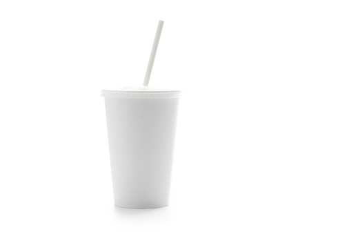 Take away beverage paper glass with white straw isolated on white background monochromatic