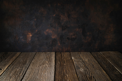 Copy space wooden background and wood vintage wall in dark low key moody backdrop