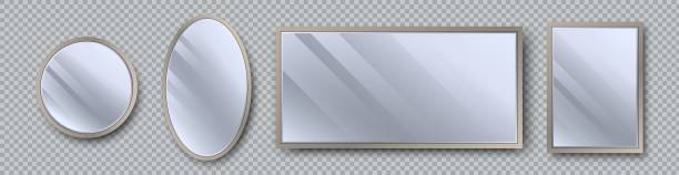 Set of realistic mirrors with reflection on glass. Geometrical mirror with frame Realistic mirrors set with reflection on glass. Geometrical mirror with frame in different shapes - circle, oval, rectangle, square. Reflecting glass surfaces. 3d template design for decor interior. Vector illustration mirror object borders stock illustrations