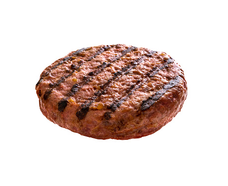 Grilled meat burger with grill stripes beef meat ready for patty hamburger isolated on white background