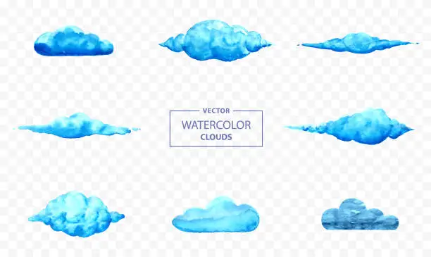 Vector illustration of Watercolor Cloud Vector Illustration Set With Transparent Background. Hand painted abstract clouds.