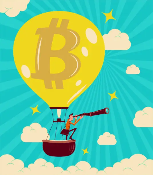 Vector illustration of Successful Businessman sees with a telescope and flies a hot air balloon with Bitcoin Cryptocurrency Sign