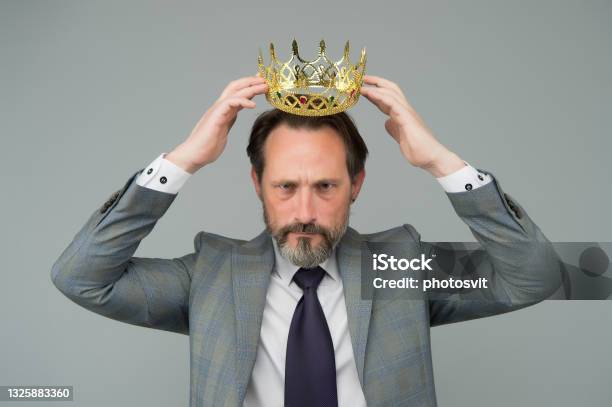Kill Your Pride Before You Lose Your Head Big Boss Wear Crown With Pride Proud Businessman Grey Background Bearded Man In Formalwear Pride And Egoism Pride And Ambitions Toxic Ego Stock Photo - Download Image Now