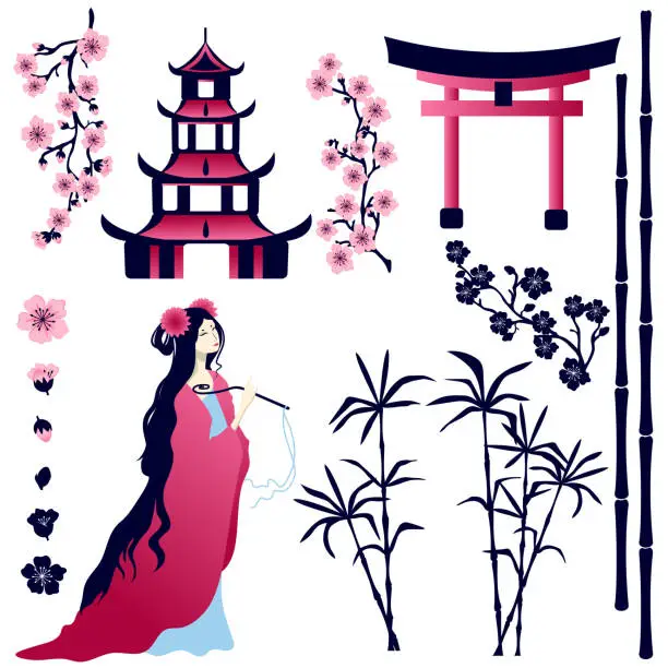 Vector illustration of Asian girl, pagoda, gate, sakura flowers, bamboo stems on a white background. Vector set of elements for design isolated from the background.