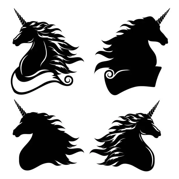 Vector illustration of Unicorn head silhouette. Black silhouette on a white background with place for text. The outline is separated from the background.