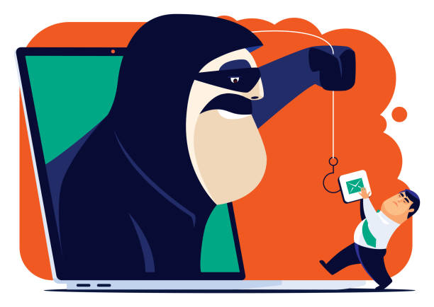 hacker and businessman competing email icon via laptop vector illustration of hacker and businessman competing email icon via laptop cartoon fishing hook stock illustrations