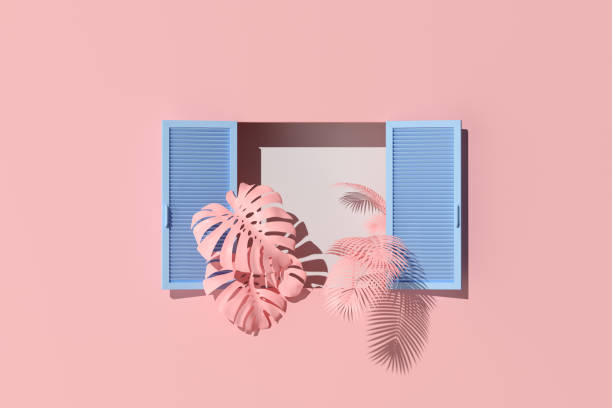 istock Minimal scene of blue window and plants on pink wall background. 3d rendering. 1325886450