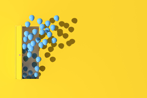 Minimal scene of blue door and floating balloons on yellow wall background. 3d rendering.