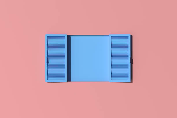istock Minimal scene of blue window on pink wall background. 3d rendering. 1325886630