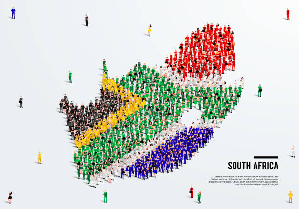 南アフリカ地図と旗。南アフリカの旗の色の形の人々の大きなグループは、マップを作成します。ベクトル図。 - south africa map africa vector点のイラスト素材／クリップアート素材／マンガ素材／アイコン素材