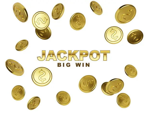 Vector illustration of Jackpot casino winner. Big win banner with falling golden coins on white background. Vector