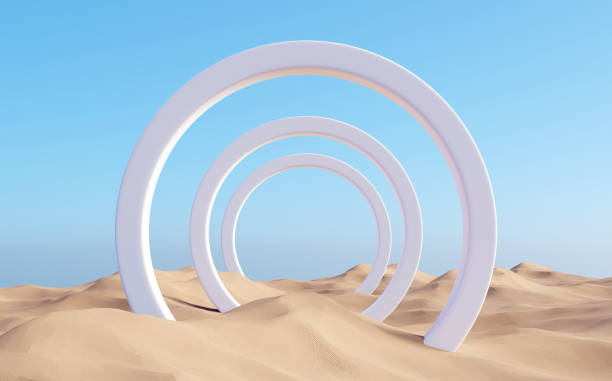 istock Surreal desert landscape with white arch constructions in perspective 1325887956