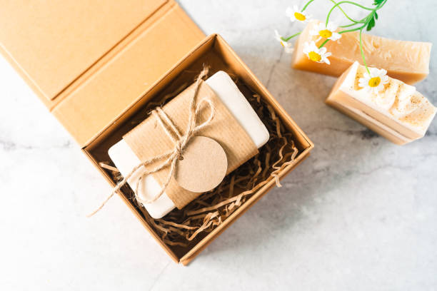 istock Natural soap in gift box with empty mockup tag 1325890839